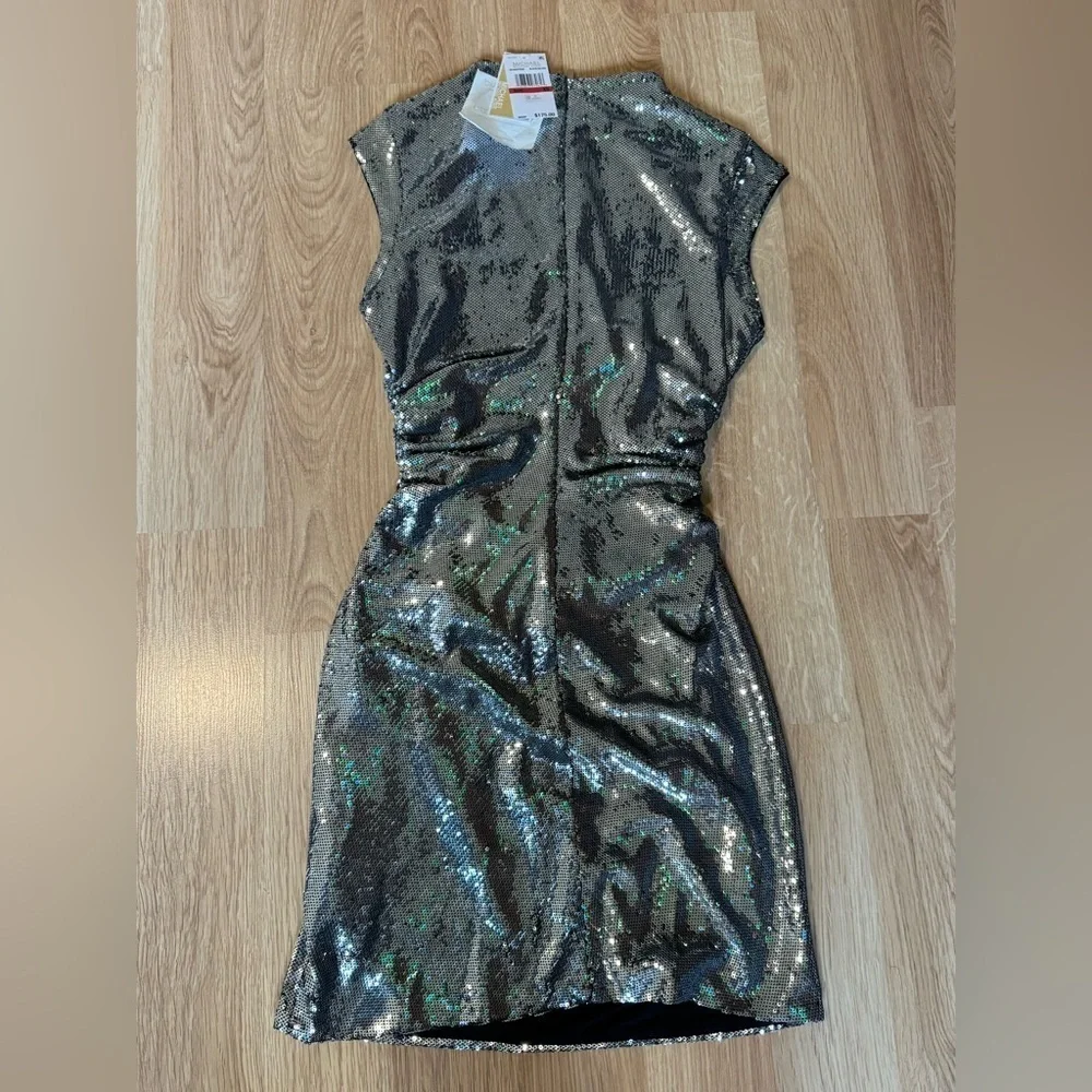 MICHAEL KORS Sleeveless Mock Neck Silver Ruched Silver Sequin Mini Dress Size XS